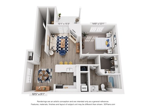 Floor plan for 1 bed, 1 bath, 925 sqft
